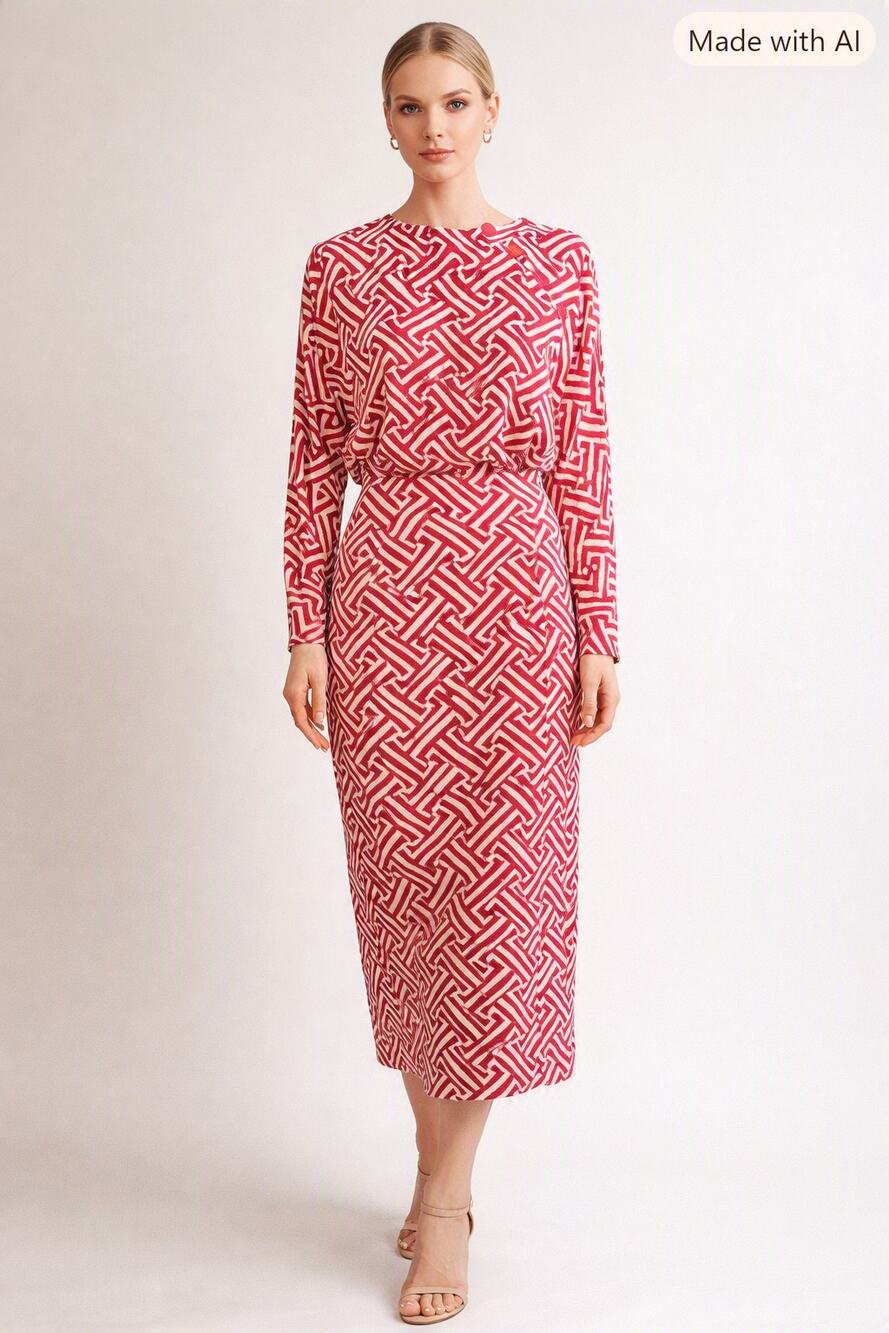 Vintage Y2K 90s Art to Wear Skirt Blouse Set Size 6 Size 8 Red White Midi